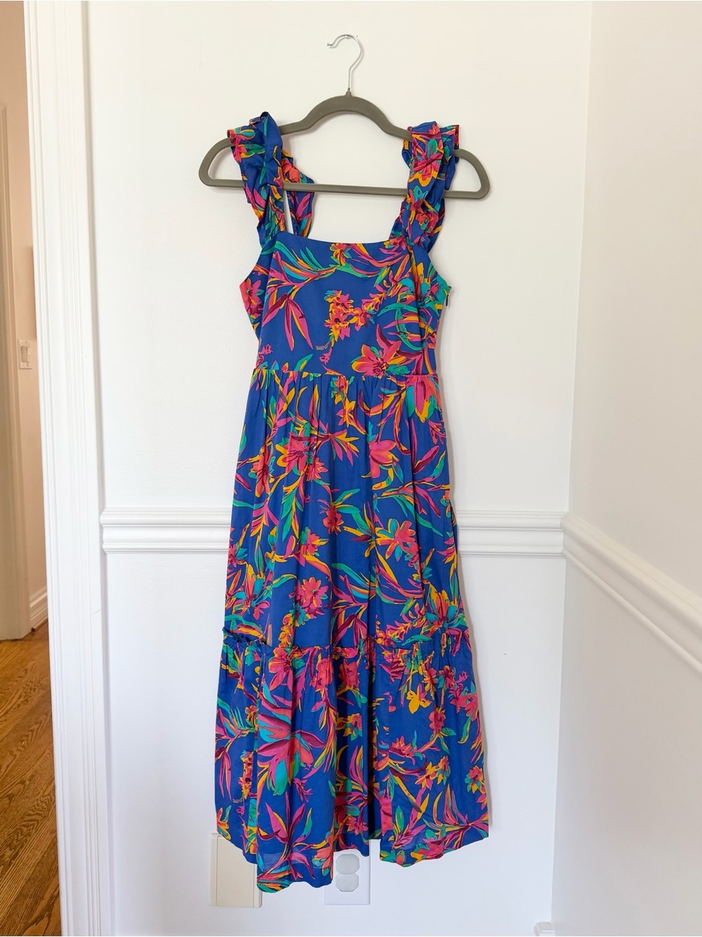 J. Crew Blue Tropical Floral Ruffle Strap MIDI Dress